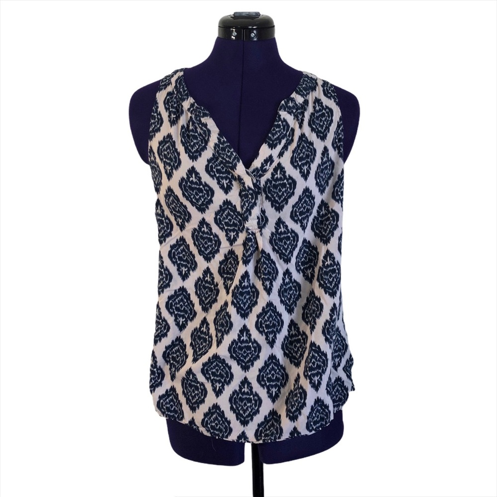 Willi Smith White Blue Patterned Short Sleeve Top